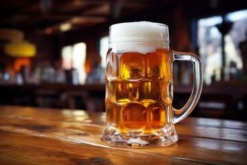 Obraz premium Full beer mug on a wooden counter with a blurred pub background