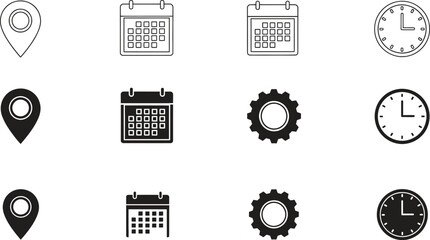 set of black and white line icons for business and productivity