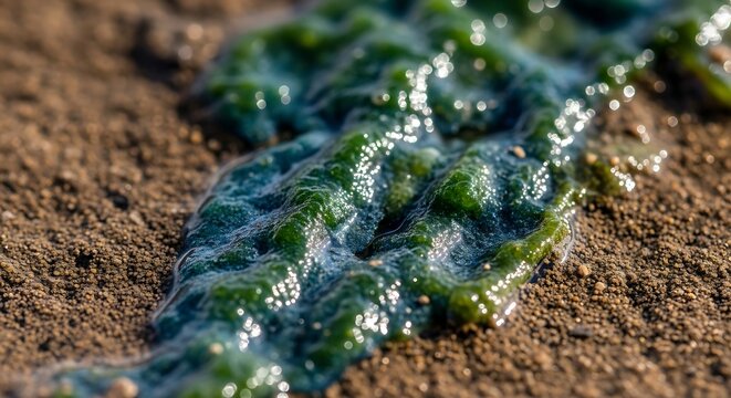 Oil Spill on Sandy Beach Surface.