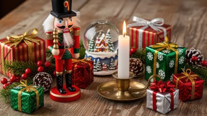 Festive christmas nutcracker figurine with colorful wrapped gifts and snow globe background
