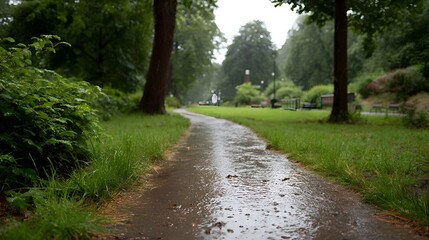 Obraz premium A winding park path glistening and wet from recent rain curves through lush green trees and vibrant foliage on a tranquil overcast day
