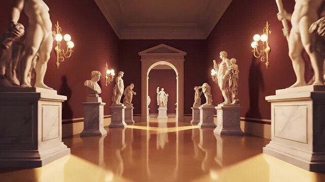 Classical marble statues in elegant art gallery with golden light