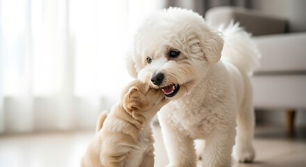 Two white dogs playing together indoors.