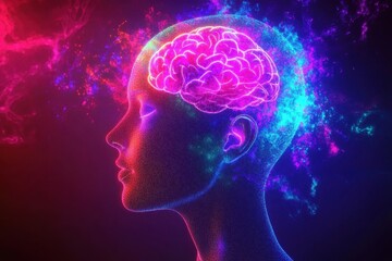 Obraz premium Vibrant illustration of a human head with a glowing brain and colorful cosmic elements