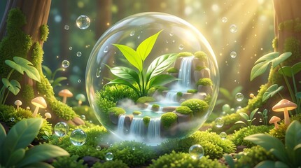 Lush miniature ecosystem inside a glass sphere with a waterfall and vibrant green sprout