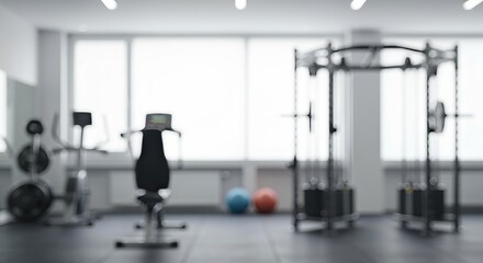 Fototapeta premium Tranquil Blurred Minimalist Gym Studio Interior with Soft Lighting and Daylight for Relaxed Fitness