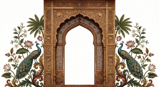 Ornate wooden archway with peacock motifs and lush foliage design