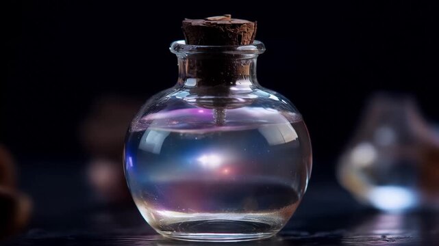 Bottle filled with colorful liquid sits on a table under soft light in a dark setting showcasing its vivid colors and cork top