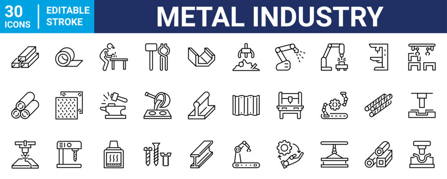 Metal Industry vector icons set featuring metallurgy, steel production, welding, metal processing, industrial machinery, factories, and manufacturing workflow.