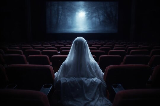 Mysterious ghost figure covered with white sheet sitting alone in an empty dark cinema. Creepy horror mood, abandoned movie theater, fear and suspense concept.