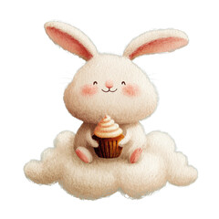 Obraz premium Cute rabbit holds a cupcake while sitting on a fluffy cloud in a light and playful setting in the sky during daytime