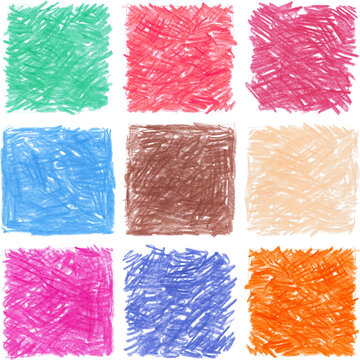 a colorful grid of nine hand-drawn squares filled with crayon scribbles, showcasing artistic textures and vibrant hues.