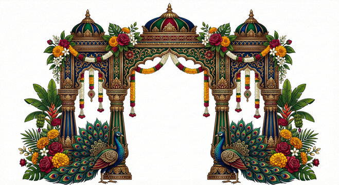 Ornate indian wedding gate decorated with flowers and peacocks