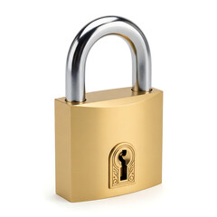 Naklejka premium A close-up view of a shiny gold padlock with a silver key inserted isolated on white background