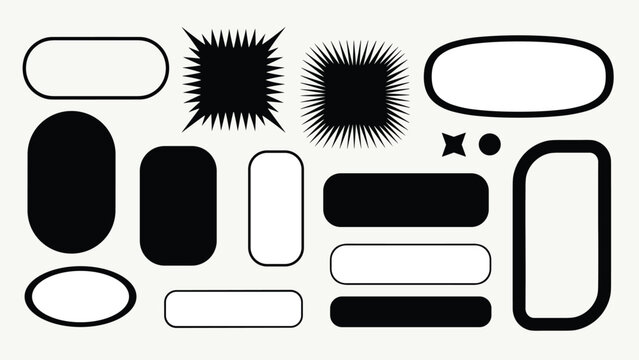 Selection of black and white rounded rectangle frames, starburst badges, and simple solid shapes creates a design toolkit.