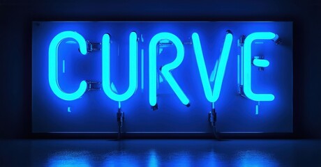 Bright neon sign spells CURVE. Blue light illuminates wall, creating dramatic effect. Minimalist design, modern aesthetic.