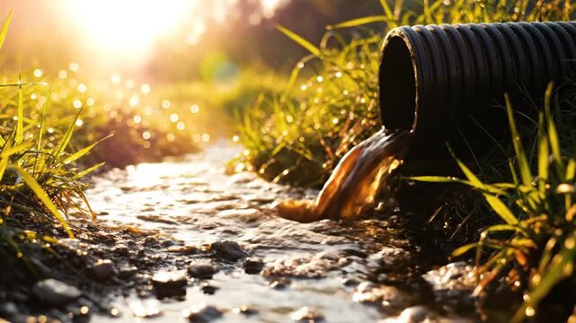 Polluted water flowing from a black pipe into a muddy stream surrounded by grass and greenery on a sunny day