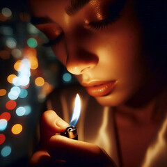 A close-up of the flame illuminating her face, Ai generated image