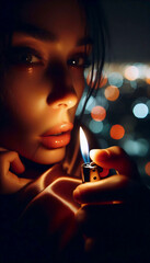 A close-up of the flame illuminating her face, Ai generated image