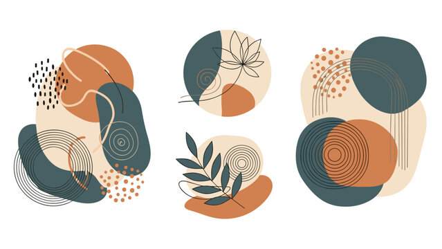 Set of abstract modern compositions using organic shapes circles dots lines and plant leaves in a trendy earthy color palette.