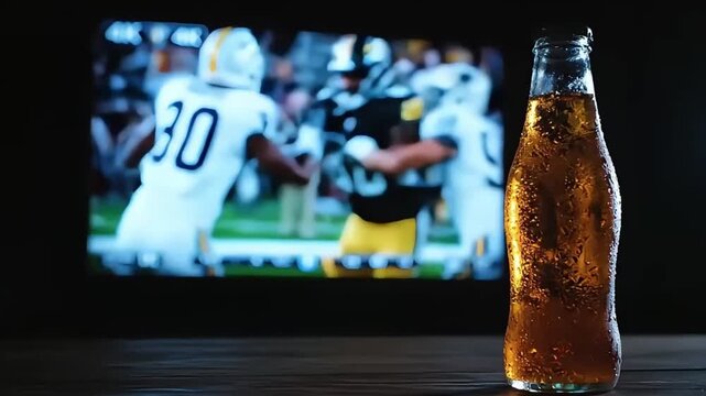 Super Bowl Sunday excitement with cold drink on TV