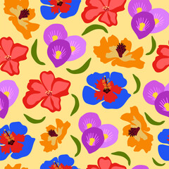 Obraz premium Seamless floral pattern with bright summer flowers on a yellow background. Abstract, trendy botanical illustration with blooming plants for textile printing.