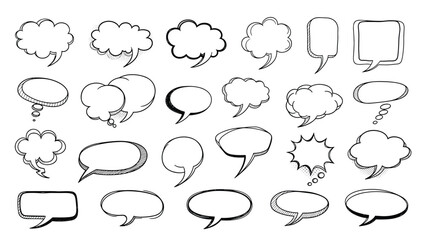 Fototapeta premium Large collection of diverse hand drawn speech bubbles and thought bubbles in a black ink sketch style isolated on white.