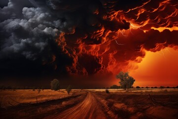 Fototapeta premium Violent storm clouds with lightning illuminate a dry field creating an apocalyptic scene