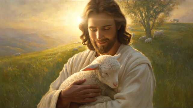 Jesus holding a lamb. The image of the meek shepherd in Christianity, used for prayers and religious events. Orthodoxy and faith. The Christian religion. Easter.
