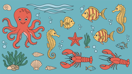 Naklejka premium Collection of colorful underwater sea creatures including octopus seahorses and lobsters on a light blue background for marine life design.