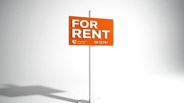 Cinematic slow-motion shot of a vibrant orange for rent sign mounted on a classic white wooden post standing in front of a residential property, perfect for real estate marketing and leasing
