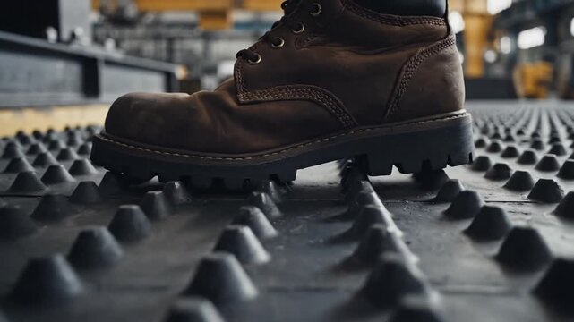 Detailed cinematic view of heavy-duty industrial metal floor plate with raised studded anti-slip pattern for safety on a workplace platform, capturing metallic texture and durable steel surface.