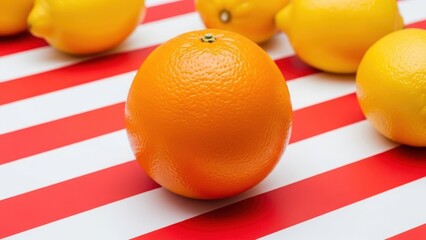 Fresh orange and yellow lemons on red and white striped background