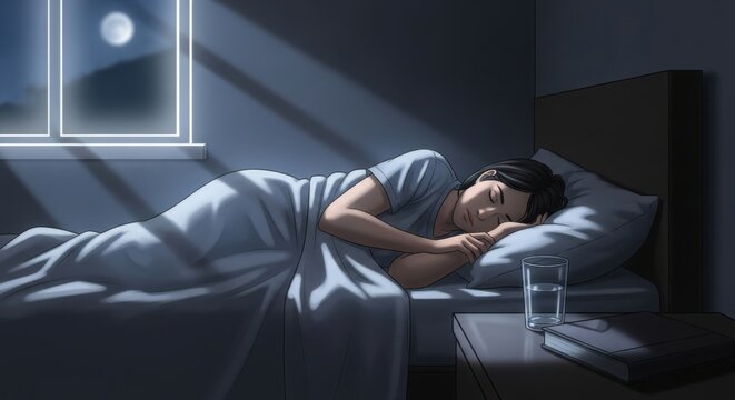 Woman sleeping peacefully in bed during nighttime receiving moonlight