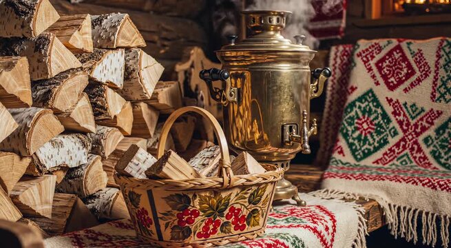 Cozy rustic dwelling interior with birch firewood, traditional basket, and steaming samovar on a pattern folk blanket.