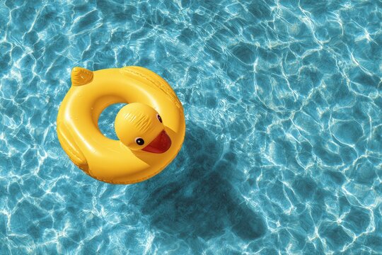 Yellow inflatable duck float bobbing on sparkling blue swimming pool water surface