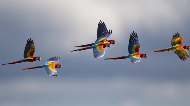 Vibrant Parrots in Flight: A group of colorful parrots soars gracefully across the sky, showcasing their vivid plumage and elegant flight against a backdrop of clouds.