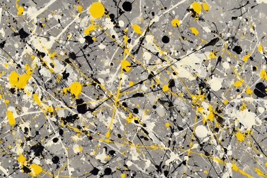 Abstract Drip Painting with Yellow, Black and White Splatters on Grey Background