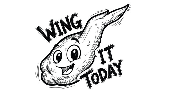 Smiling chicken wing with text wing it today for food and humor