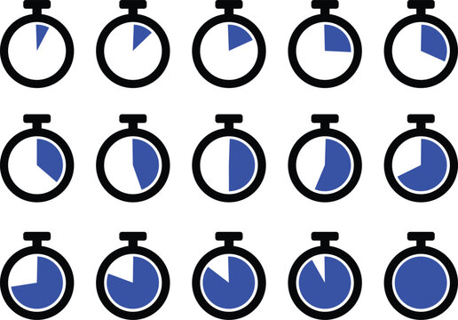 Stopwatch Timer Icon Set, Countdown Clock Symbols 0 to 60 Seconds or Minutes, Flat Design Time Measurement Vector Collection
