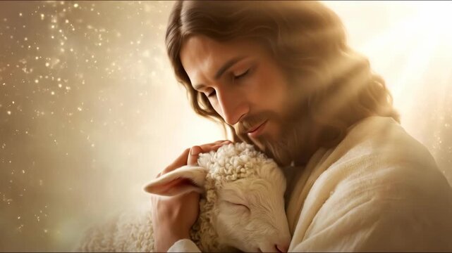 Jesus holding a lamb. The image of the meek shepherd in Christianity, used for prayers and religious events. Orthodoxy and faith. The Christian religion. Easter.