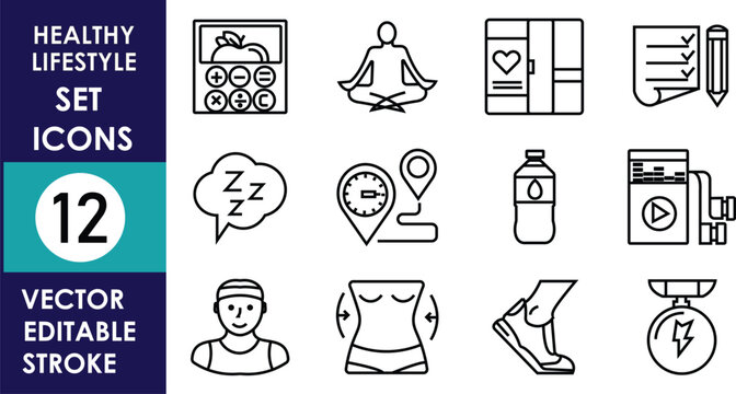Healthy lifestyle vector icon set featuring yoga, nutrition, sleep, fitness, hydration, habits, wellness tracking, minimal line design, editable for apps, web, and infographics projects