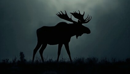 Fototapeta premium Moose Walking Through a Foggy Landscape at Dusk in a Wooded Area