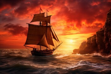 Fototapeta premium Sailboat on a tumultuous ocean, facing crashing waves under an intense red and orange sky