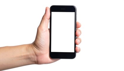 Hand holding blank smartphone device screen.