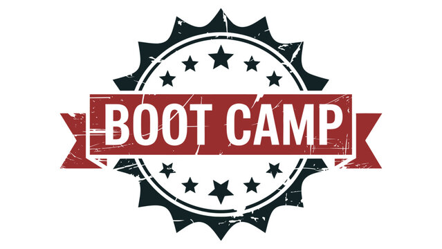  boot camp vintage badge emblem with ribbon and stars, military style logo design for training, fitness, discipline, motivation, challenge and strength concept