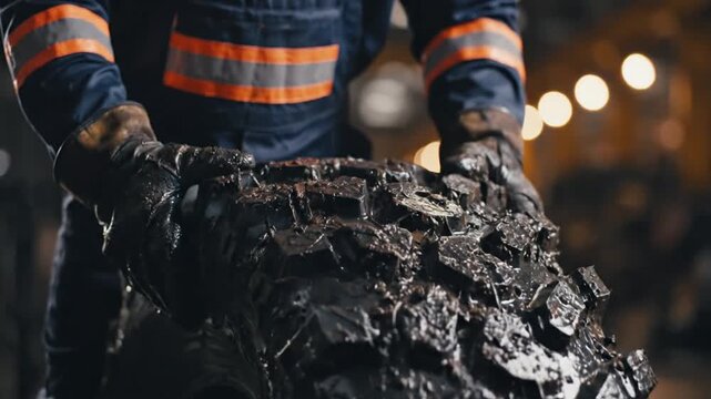 A worker in reflective uniform holds a large chunk of coal in a dimly lit industrial environment from a low viewpoint