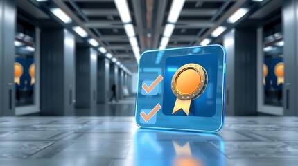 Professional Abstract 3D Business Success Scene with Achievement Badges and Sleek Commercial Background