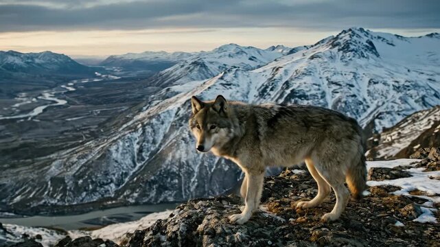 Gray wolf standing on rocky outcrop overlooking snow-covered mountains and winding river during sunset, showcasing natural wilderness in a serene landscape