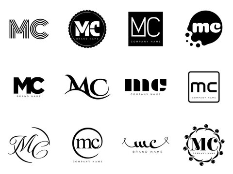 MC logo company template. Letter m and c logotype. Set different classic serif lettering and modern bold text with design elements. Initial font typography.